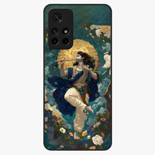 Divine Krishna Art Glass Case showing flat back view with Lord Krishna artwork and glossy glass finish.