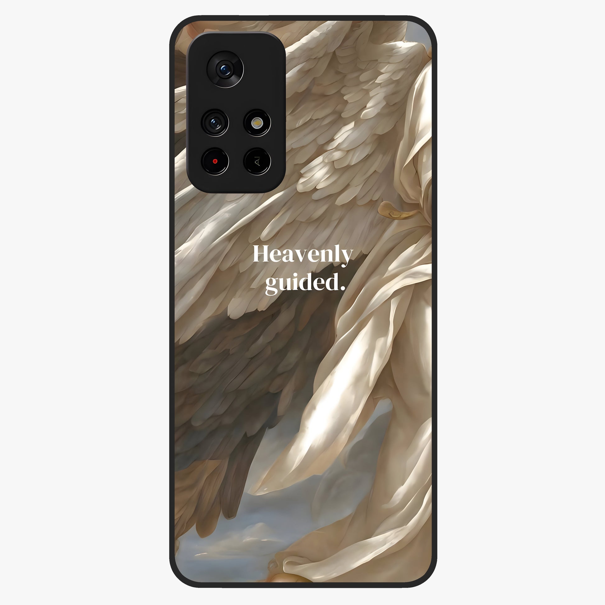 Divine Winged Grace Glass Case showing flat back view with elegant wing inspired artwork and glossy glass finish.