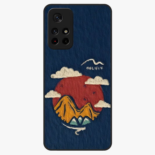 Dream Beyond Mountains Glass Case showing flat back view with scenic mountain landscape artwork and glossy glass finish.