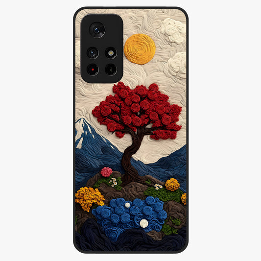 Eternal Nature Tapestry Glass Case showing flat back view with intricate nature tapestry artwork and glossy glass finish.