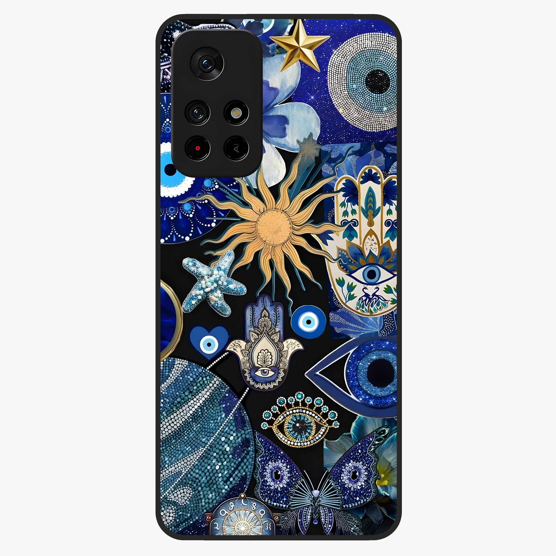 Evil Eye Charm Mix Glass Case showing flat back view with multiple evil eye charms artwork and glossy glass finish.