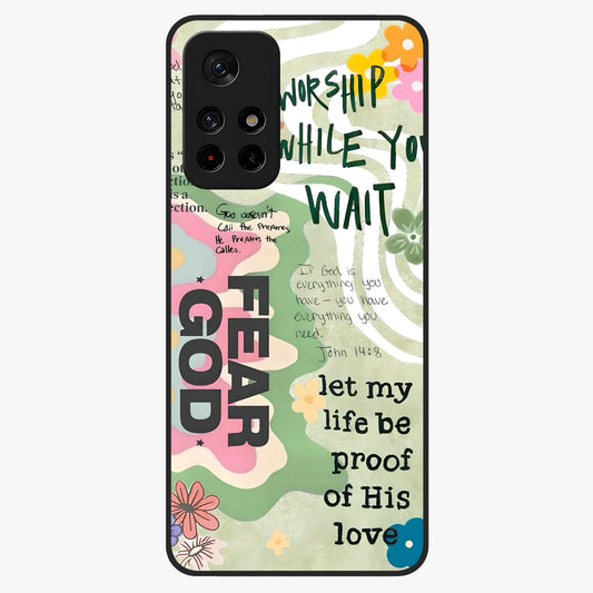 Faith Over Fear Glass Case showing flat back view with motivational typography artwork and glossy glass finish.