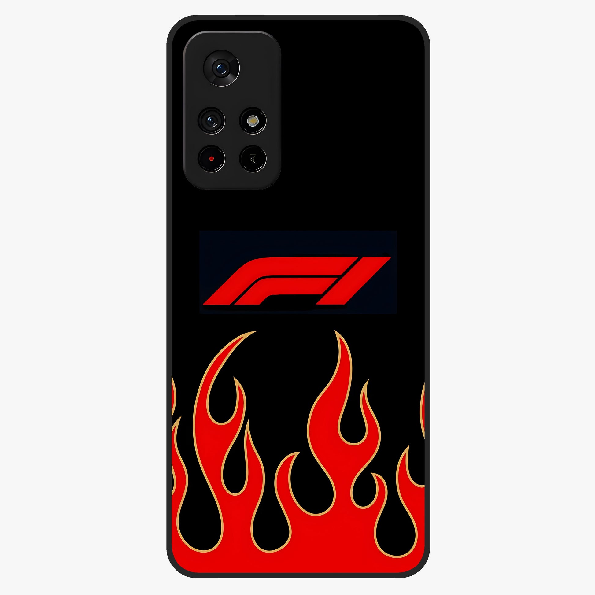 Fire F11 Glass Case upright view showcasing dynamic flame artwork with intense visual theme.