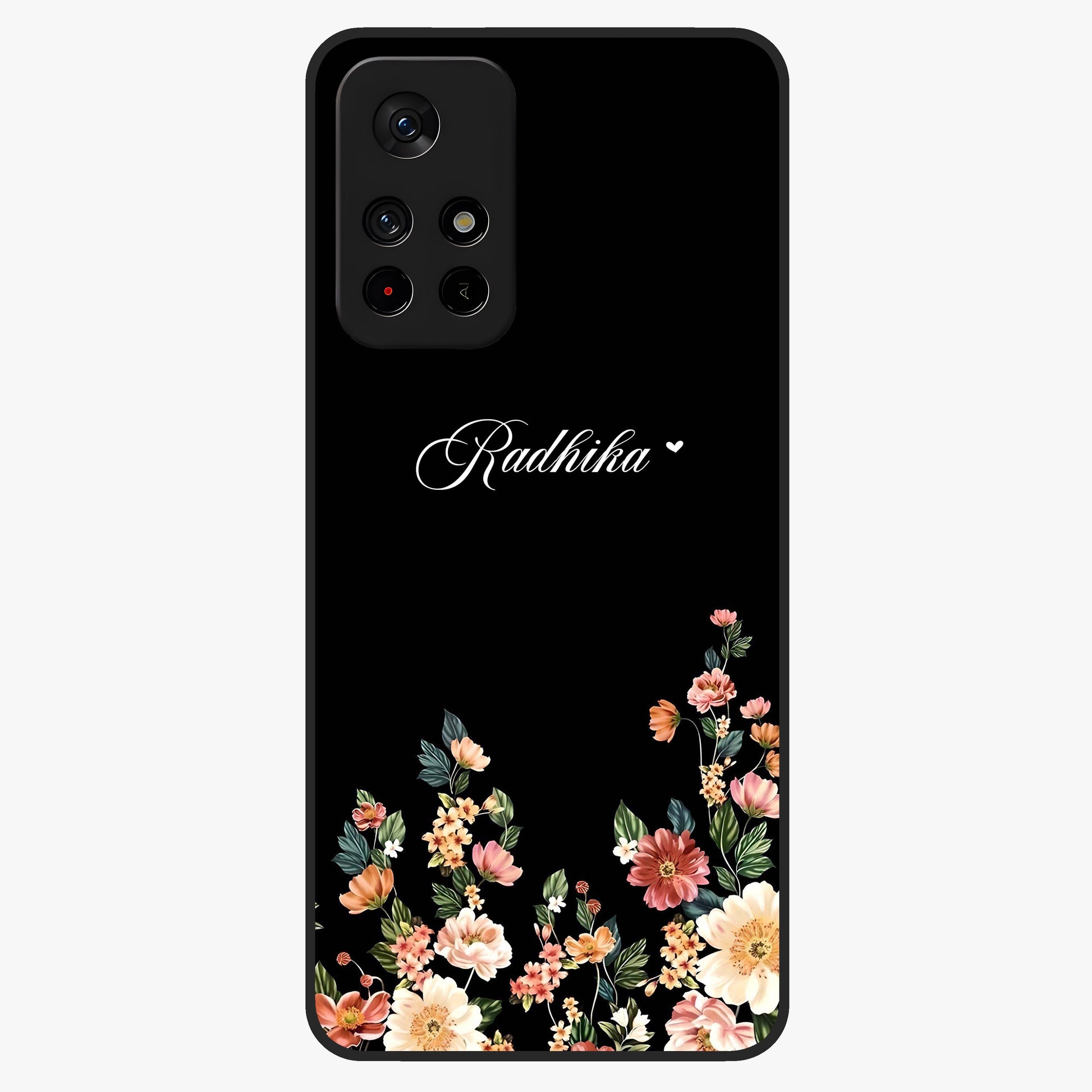 Floral Design With a Custom Personalized Name Glass Case showing flat back view with floral artwork and personalized name design.