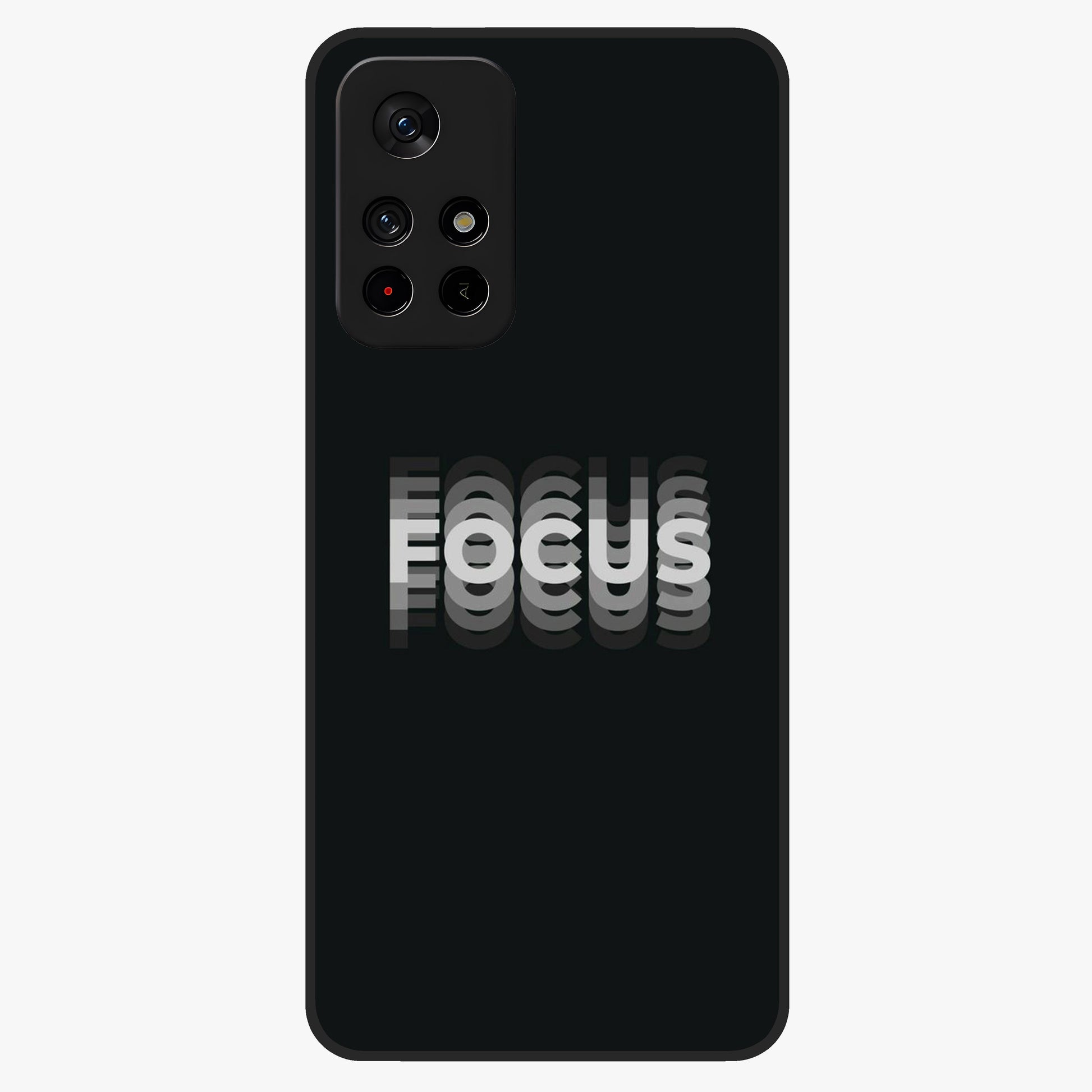 Focus Mode On Glass Case showing flat back view with bold motivational typography design and glossy glass finish.