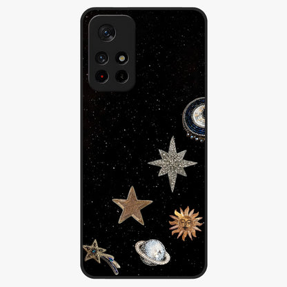 Galactic Charm Glow Glass Case showing flat back view with glowing celestial charm artwork and glossy glass finish.