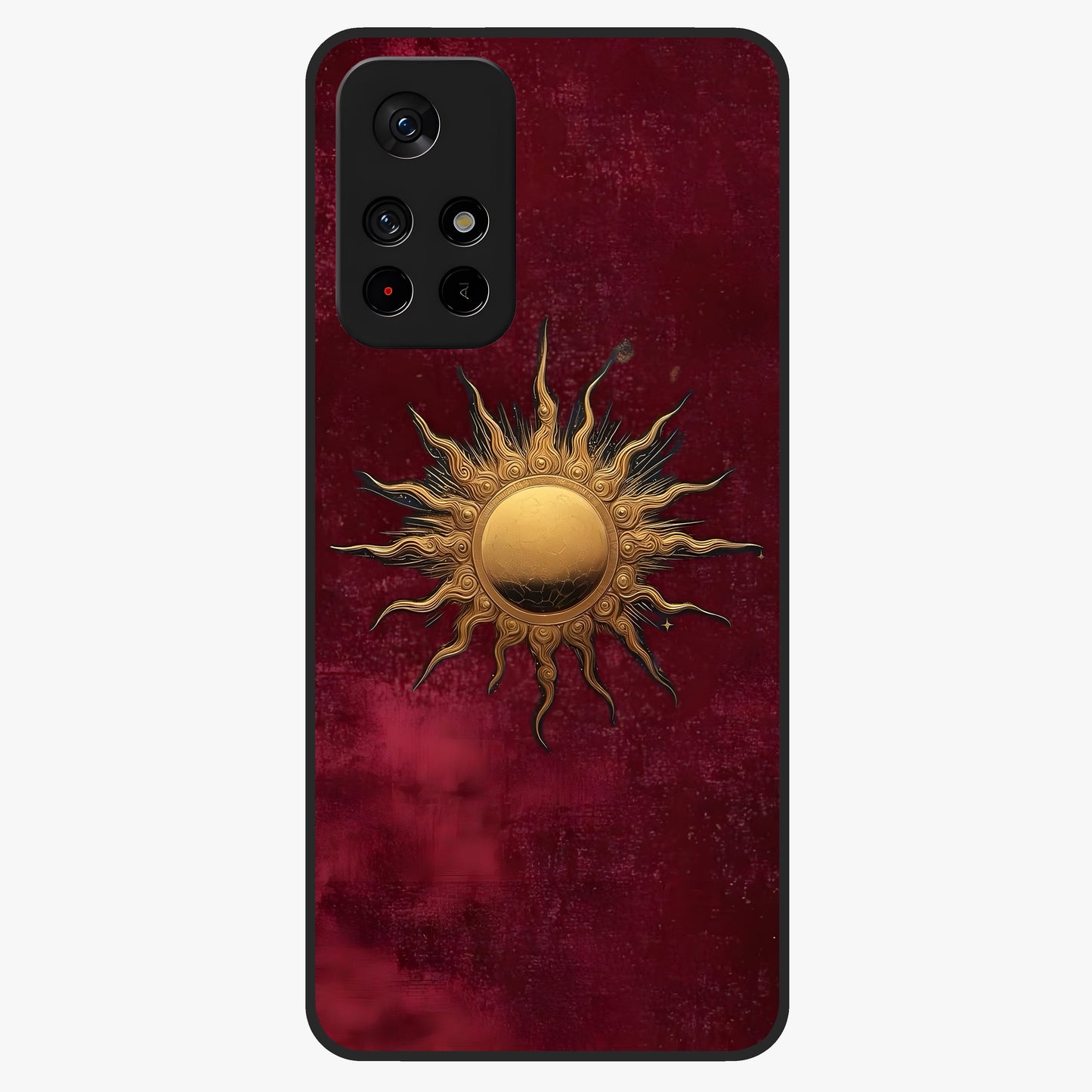 Golden Sun Minimalism Glass Case upright view showcasing simple golden sun artwork with elegant minimalist style.