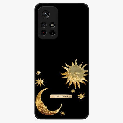 Golden Celestial Charm Glass Case showing flat back view with golden celestial charm artwork and glossy glass finish.