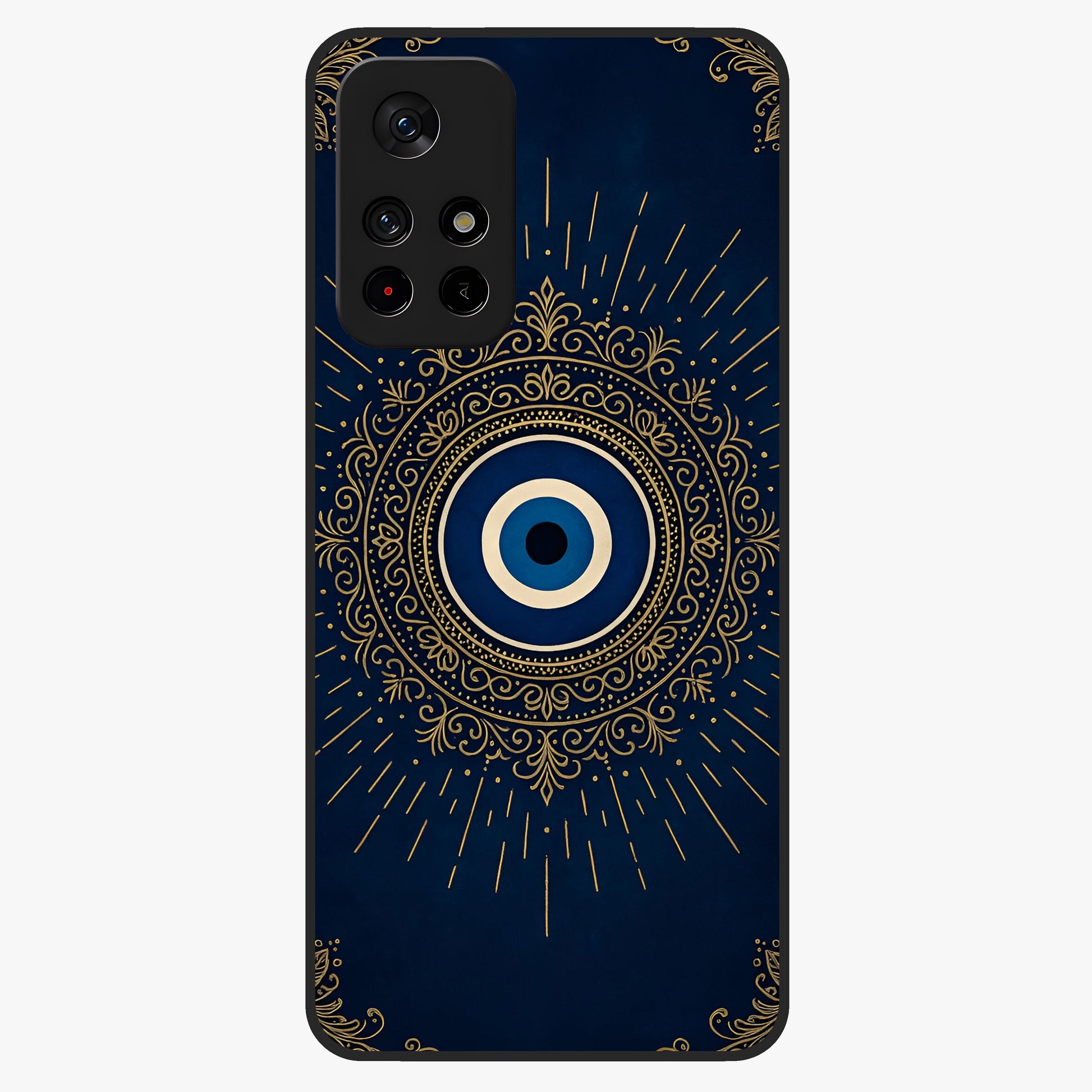 Golden Celestial Charm Glass Case upright view showcasing radiant celestial artwork with elegant golden theme.