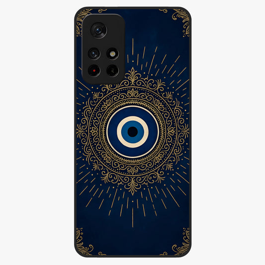 Golden Evil Eye Mandala Glass Case showing flat back view with intricate evil eye mandala artwork and glossy glass finish.