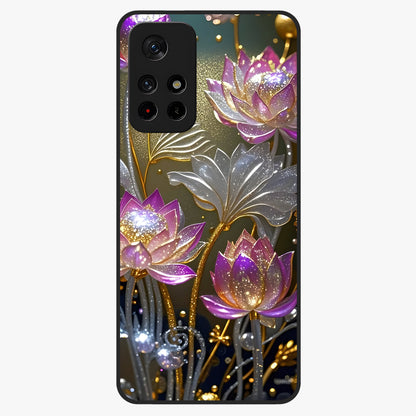 Golden Lotus Glow Glass Case showing flat back view with glowing lotus flower artwork and glossy glass finish.