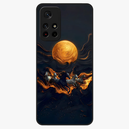 Golden Stallion Moonride Glass Case showing flat back view with majestic horse under moonlight artwork and glossy glass finish.
