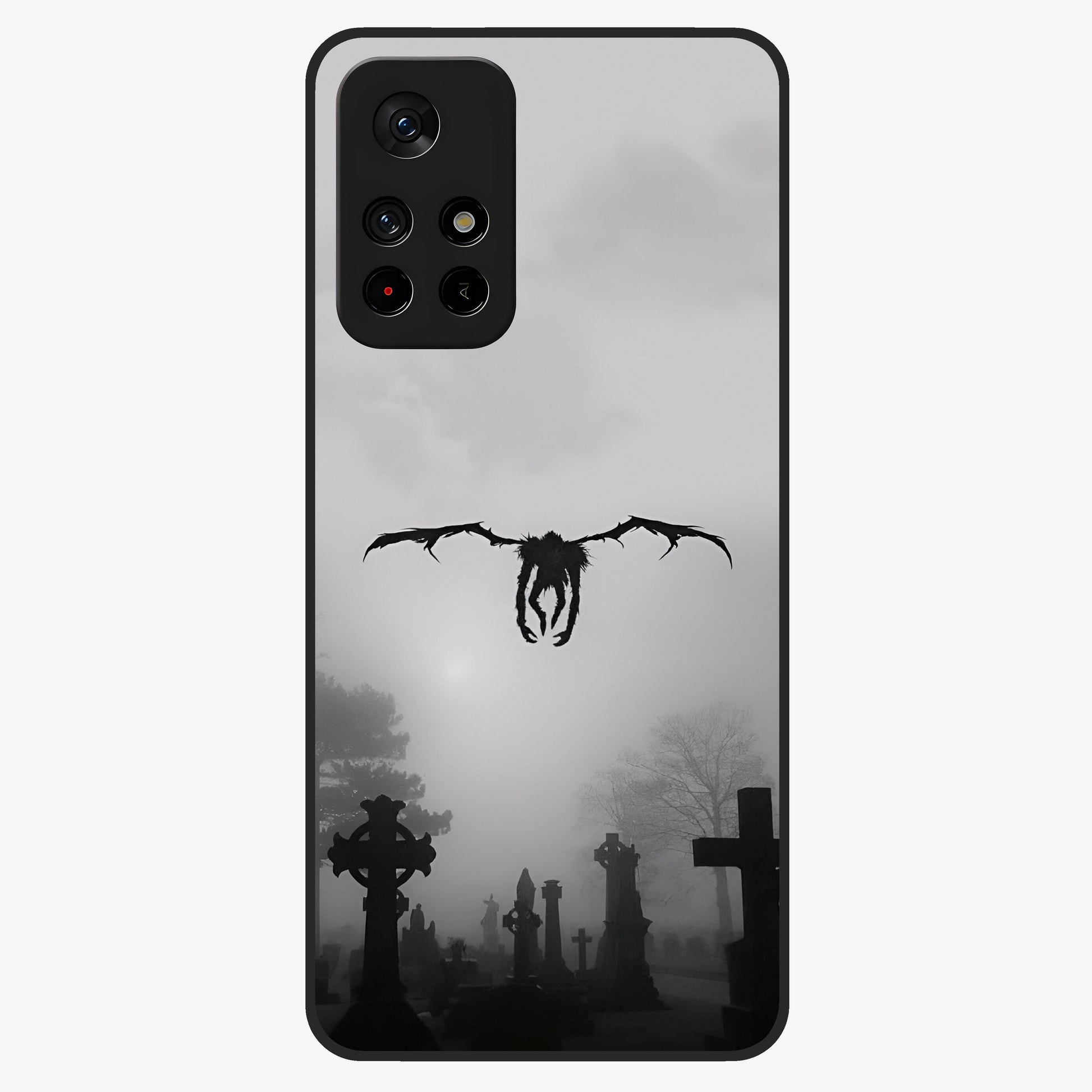 Graveyard Shadow Descent Glass Case showing flat back view with dark graveyard themed artwork and glossy glass finish.