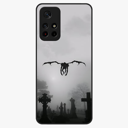 Graveyard Shadow Descent Glass Case showing flat back view with dark graveyard themed artwork and glossy glass finish.