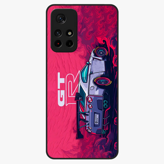 GT-R Car Pattern Glass Case showing flat back view with sporty car inspired pattern artwork and glossy glass finish.