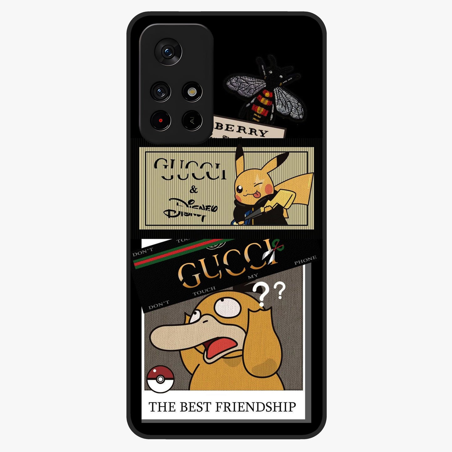 Gucci Play Mashup Glass Case showing flat back view with luxury inspired graphic artwork and glossy glass finish.
