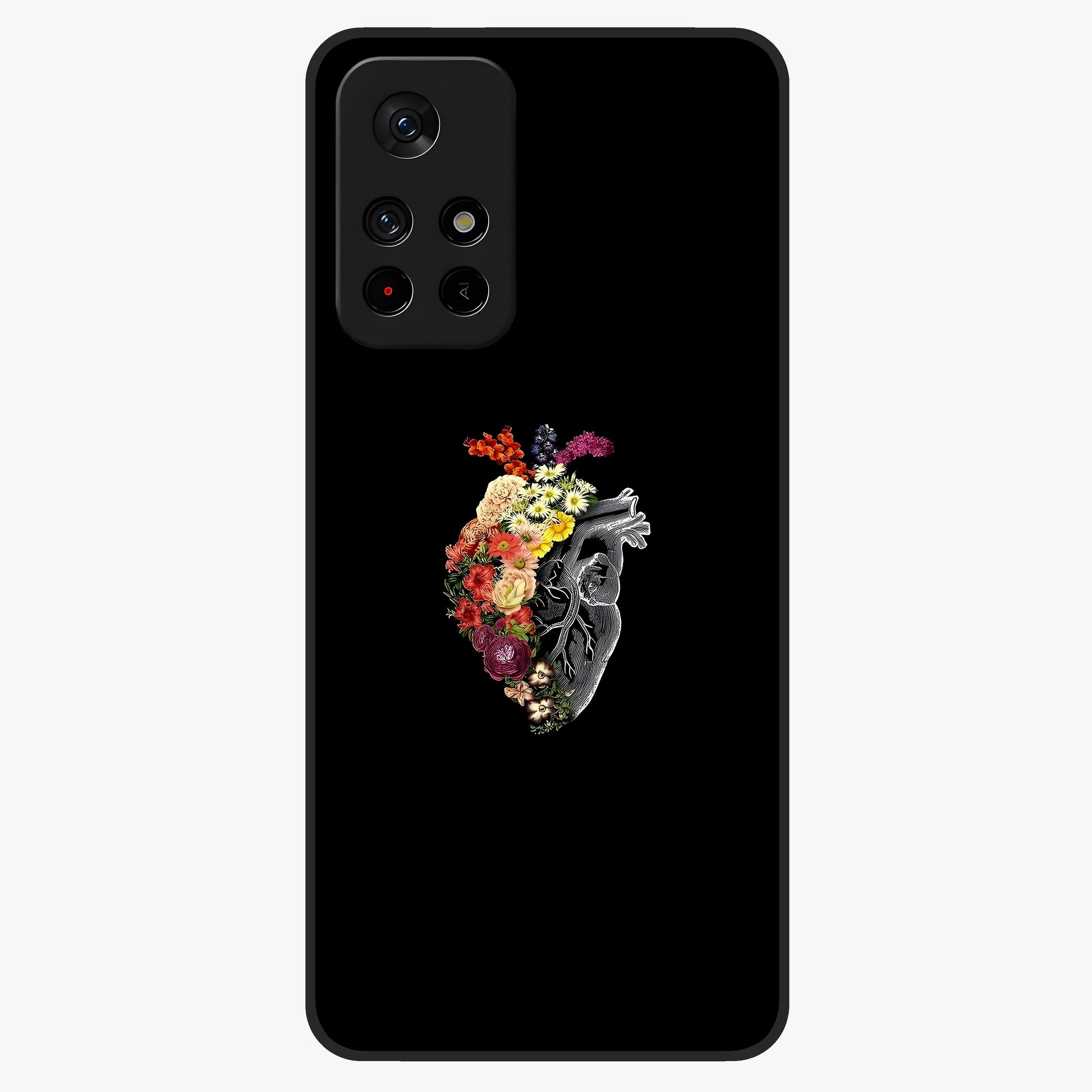 Heart With Flowers Glass Case showing flat back view with heart shaped floral artwork and glossy glass finish.
