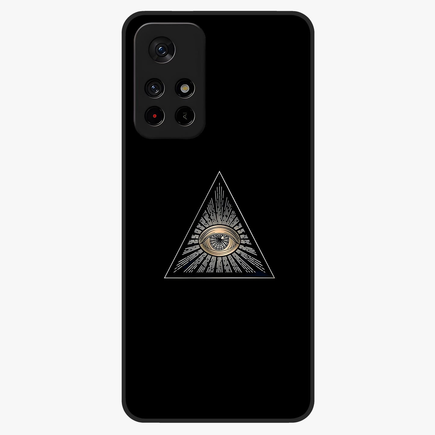 Illuminati Evil Glass Case upright view showcasing striking illuminati artwork with mysterious symbolic theme.