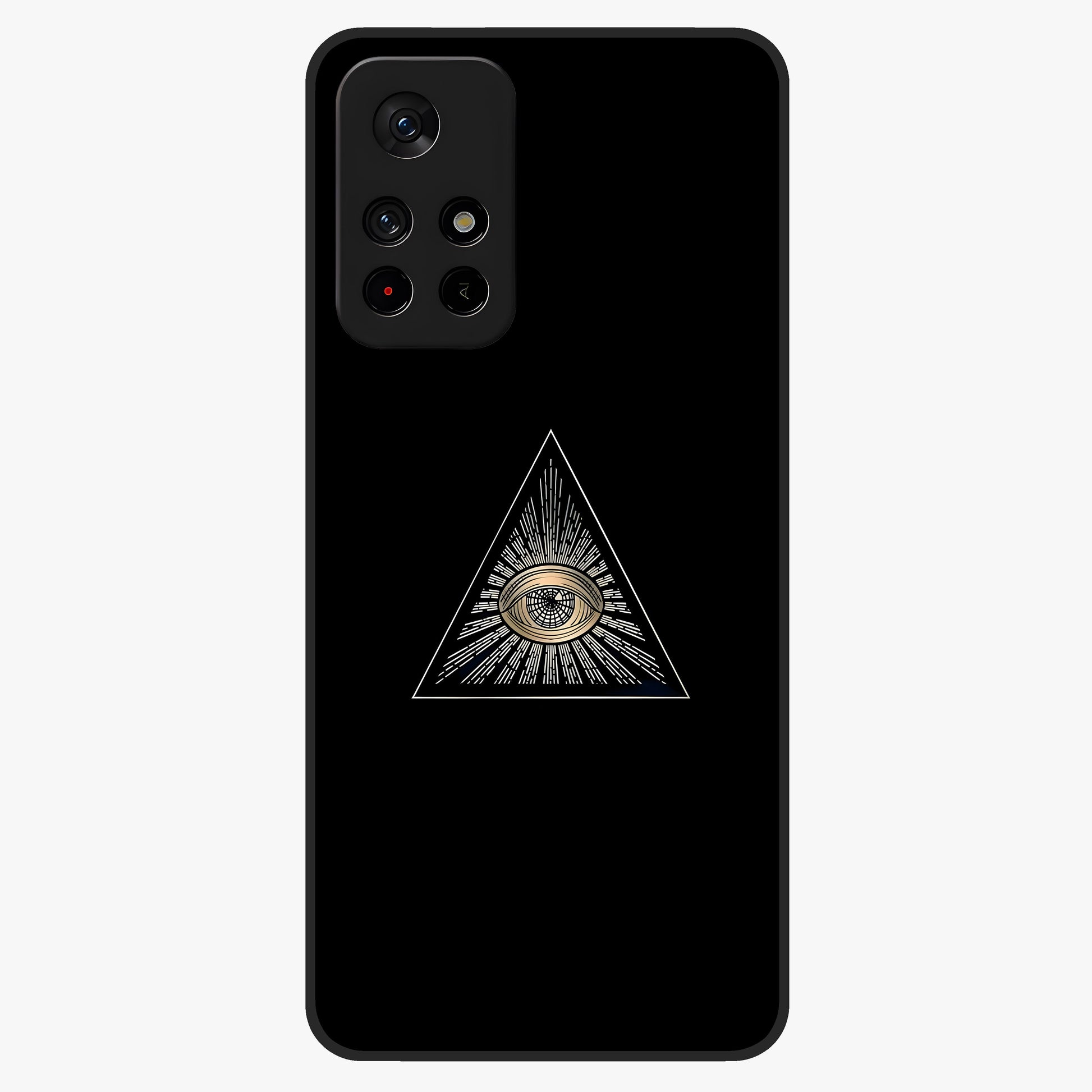 Illuminati Evil Glass Case upright view showcasing striking illuminati artwork with mysterious symbolic theme.