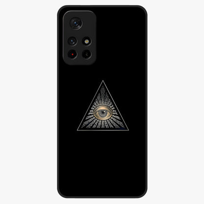 Illuminati Evil Glass Case upright view showcasing striking illuminati artwork with mysterious symbolic theme.