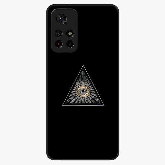 Illuminati Evil Glass Case showing flat back view with mysterious illuminati symbol artwork and glossy glass finish.