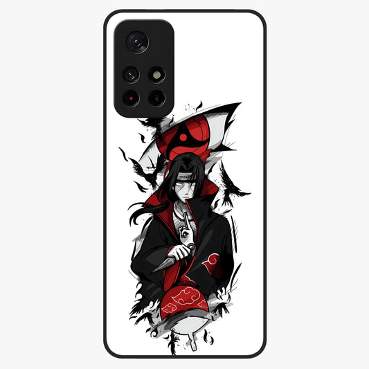 Itachi Sharingan Glass Case showing flat back view with powerful anime eye artwork and glossy glass finish.