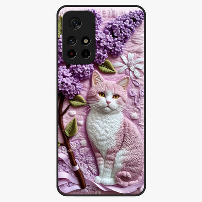 Lavender Cat Whimsy Glass Case showing flat back view with cute lavender cat artwork and glossy glass finish.