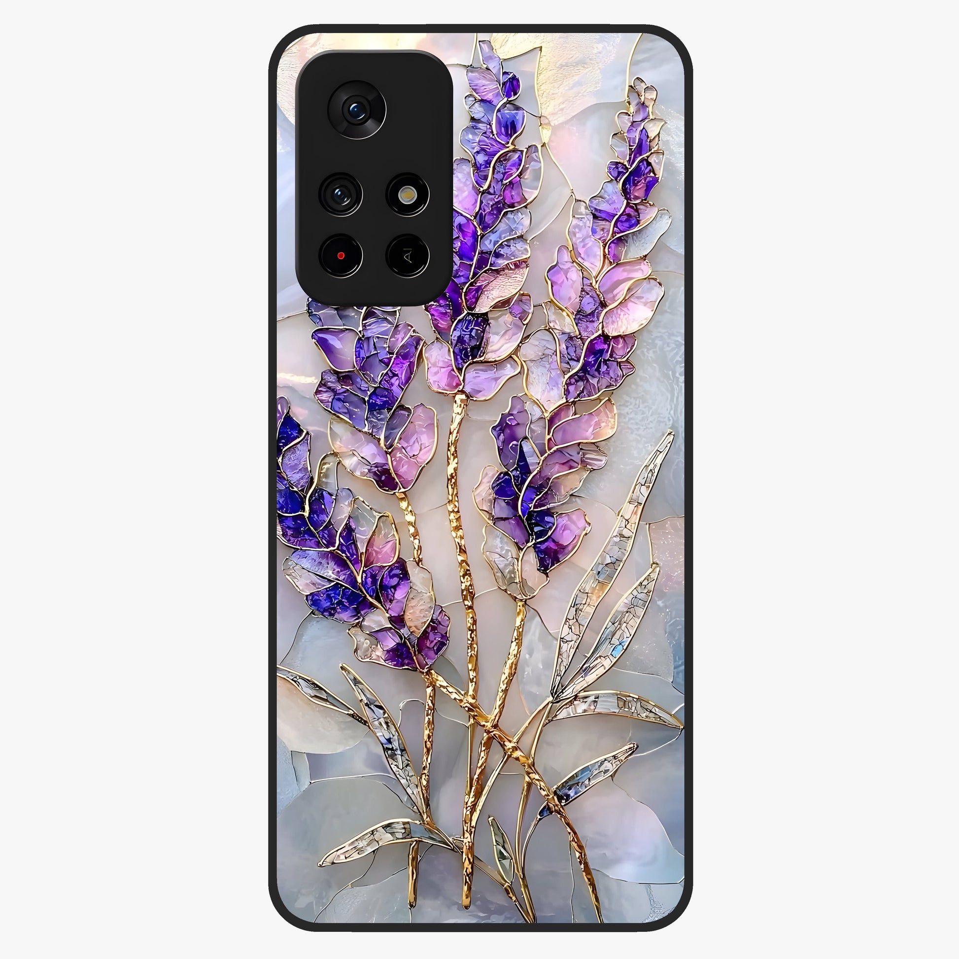 Lavender Dream Glow Glass Case upright view showcasing radiant lavender glow artwork with calming dreamy theme.