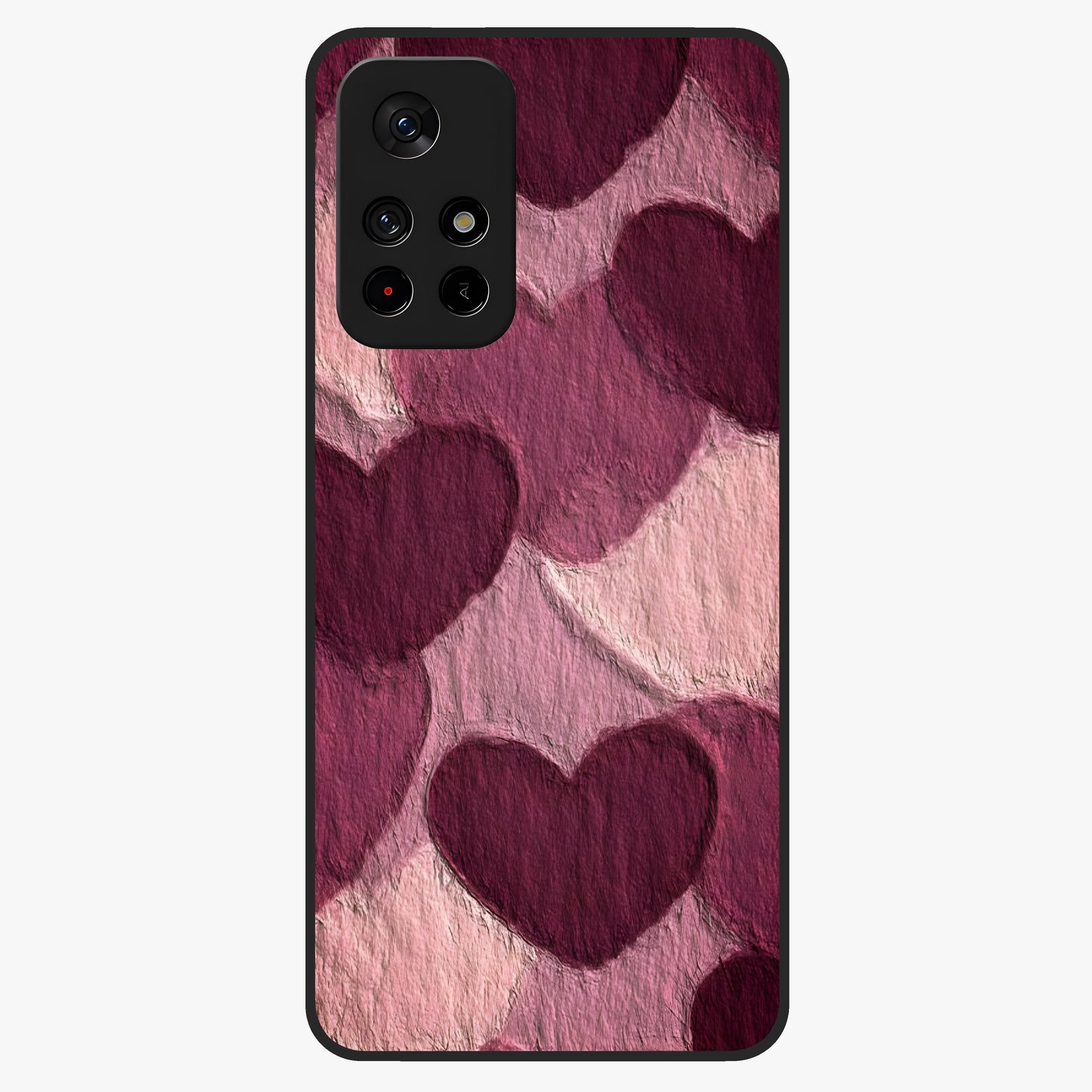 Layered Paper Hearts Glass Case showing flat back view with layered paper heart artwork and glossy glass finish.