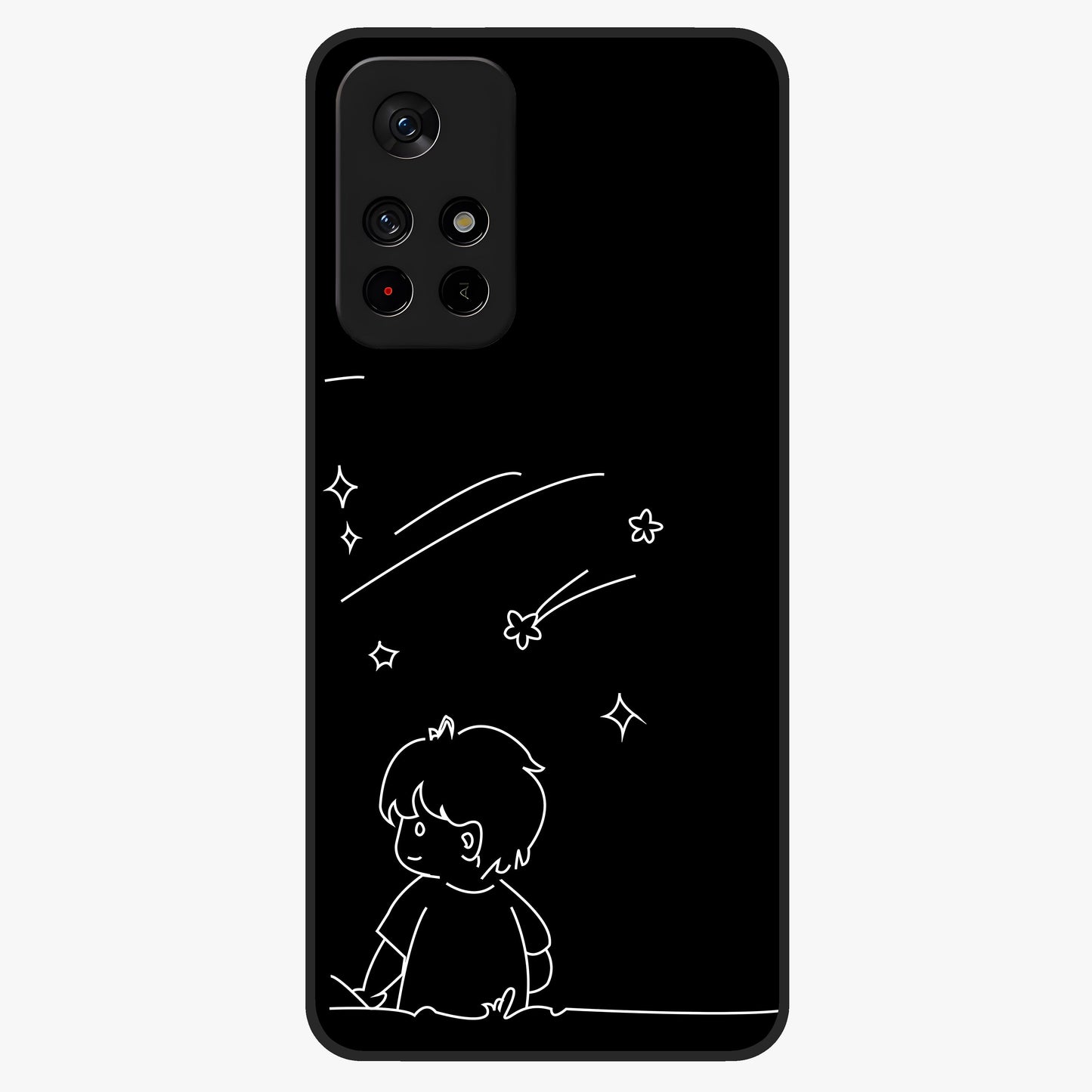 Line Art Boy With Shooting Stars Glass Case showing flat back view with minimal line art boy and shooting stars illustration and glossy glass finish.