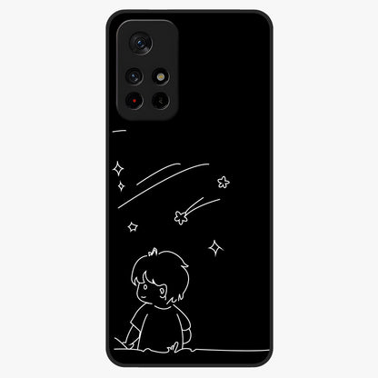 Line Art Boy With Shooting Stars Glass Case showing flat back view with minimal line art boy and shooting stars illustration and glossy glass finish.