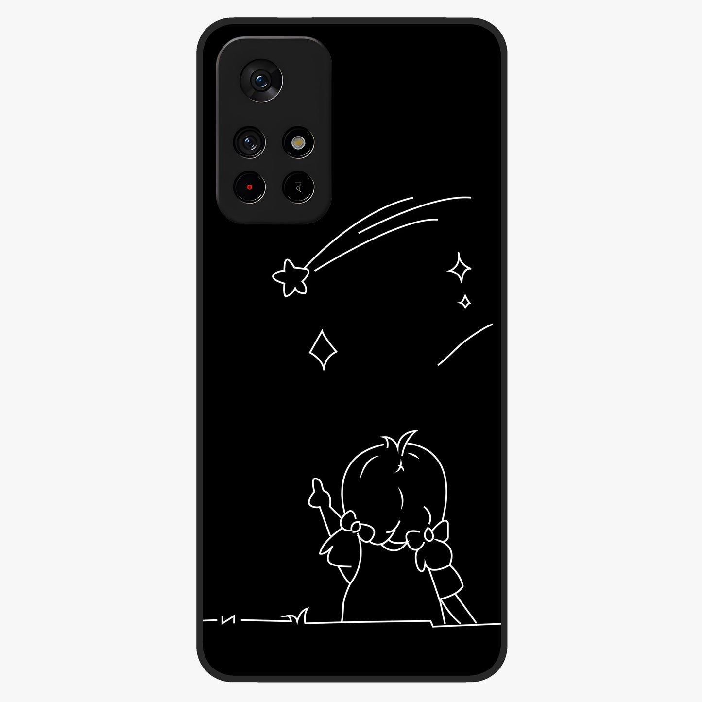 Line Art Girl With Shooting Stars Glass Case showing flat back view with minimal line art girl and shooting stars illustration and glossy glass finish.