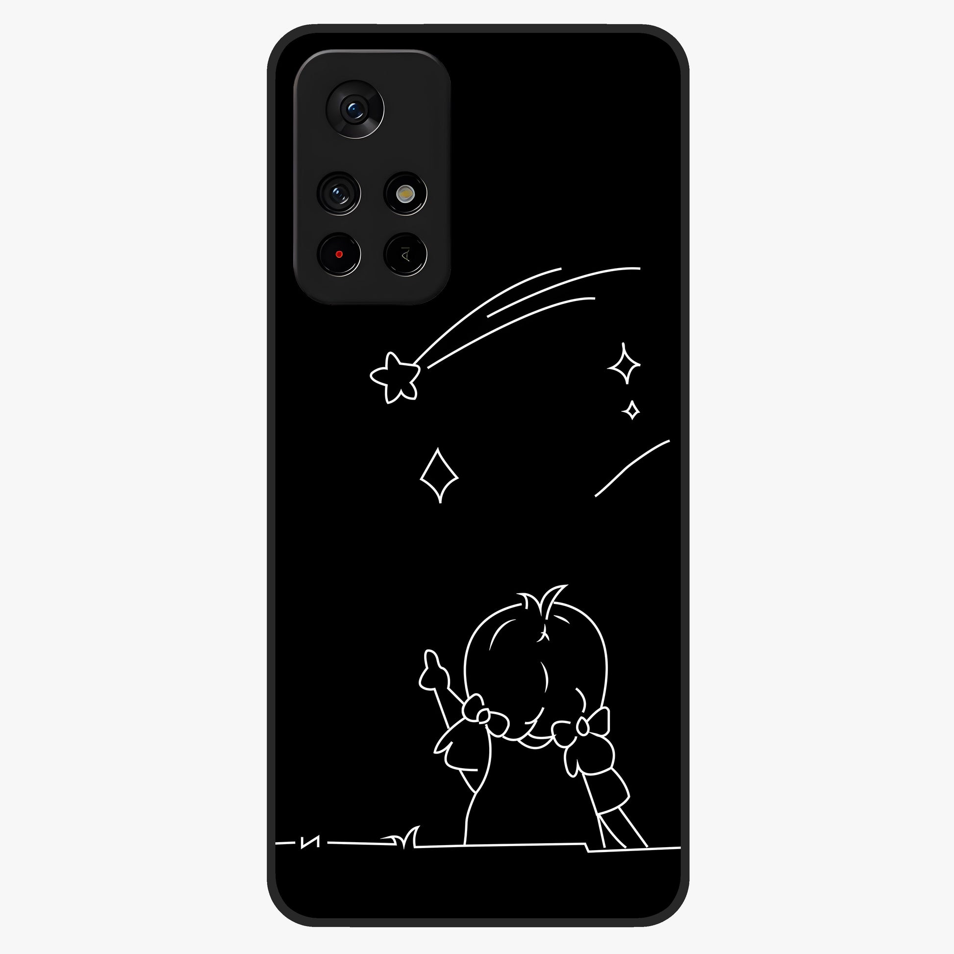 Line Art Girl With Shooting Stars Glass Case showing flat back view with minimal line art girl and shooting stars illustration and glossy glass finish.