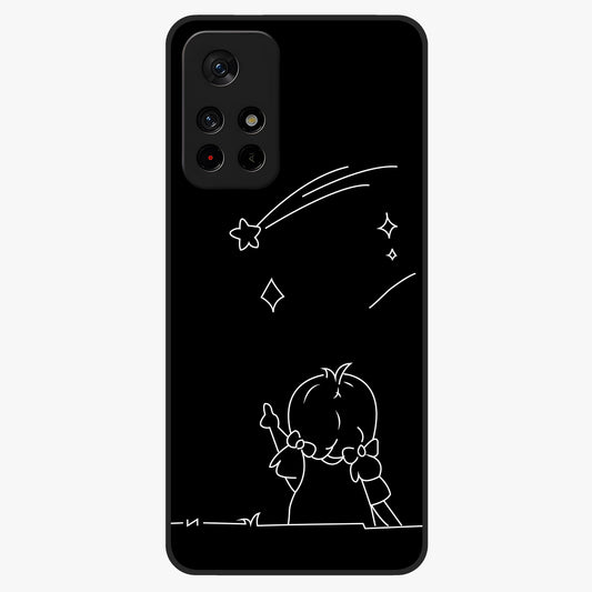 Line Art Girl With Shooting Stars Glass Case showing flat back view with minimal line art girl and shooting stars illustration and glossy glass finish.
