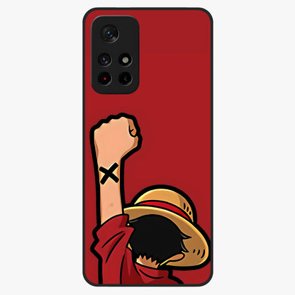 Luffy X Spirit Glass Case showing flat back view with bold anime character artwork and glossy glass finish.