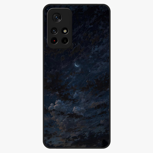 Lunar Veil Silence Glass Case showing flat back view with mystical moon veil artwork and glossy glass finish.