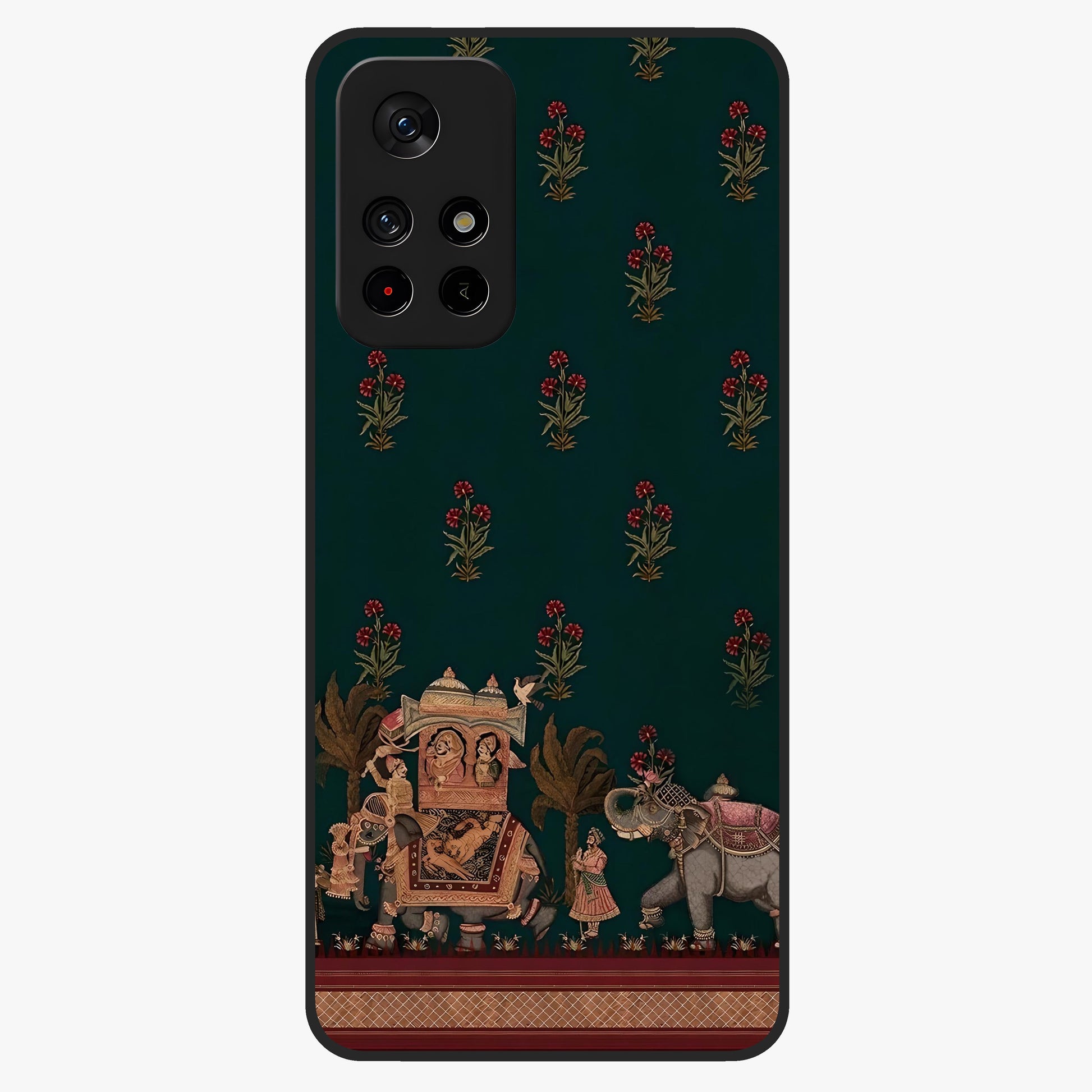 Macmerise Glass Case showing flat back view with stylish modern artwork and glossy glass finish.