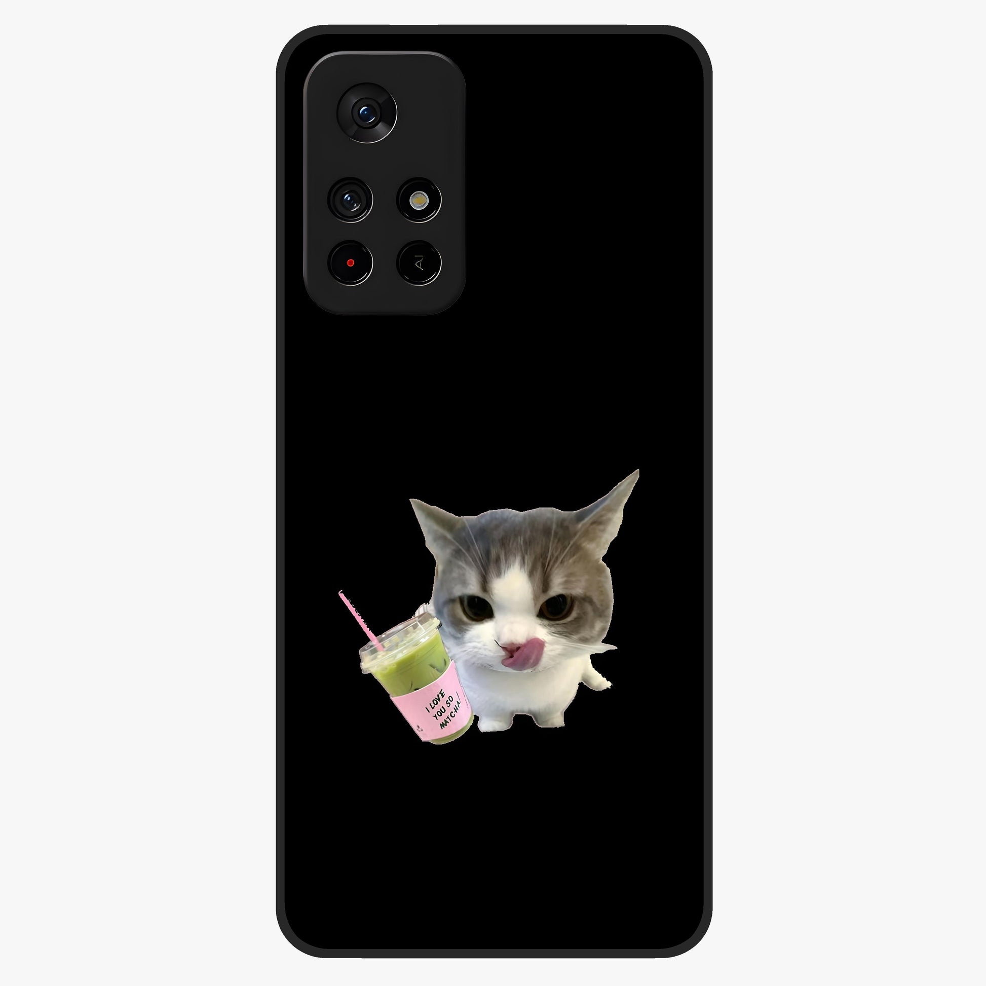 Matcha Cat Style Glass Case showing flat back view with cute matcha themed cat artwork and glossy glass finish.