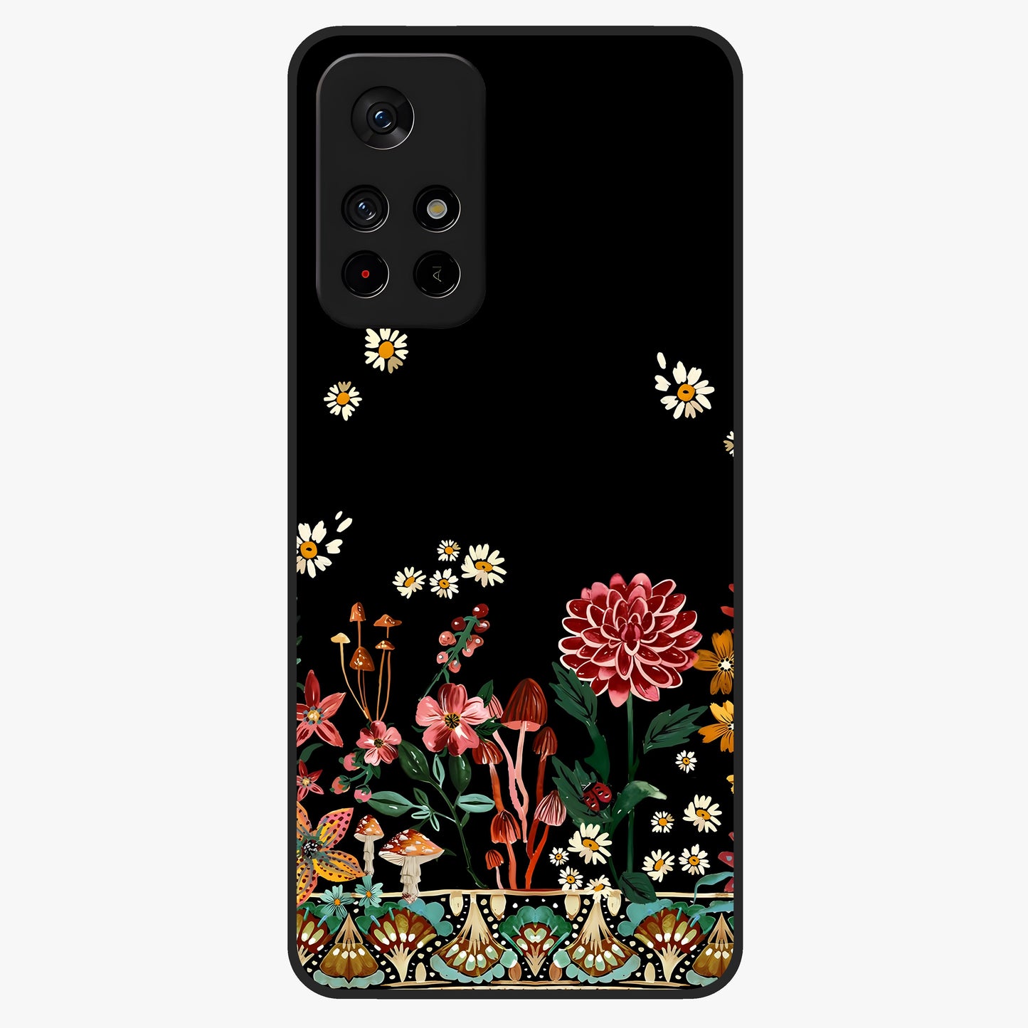 Midnight Bloom Pattern Glass Case showing flat back view with dark floral pattern artwork and glossy glass finish.