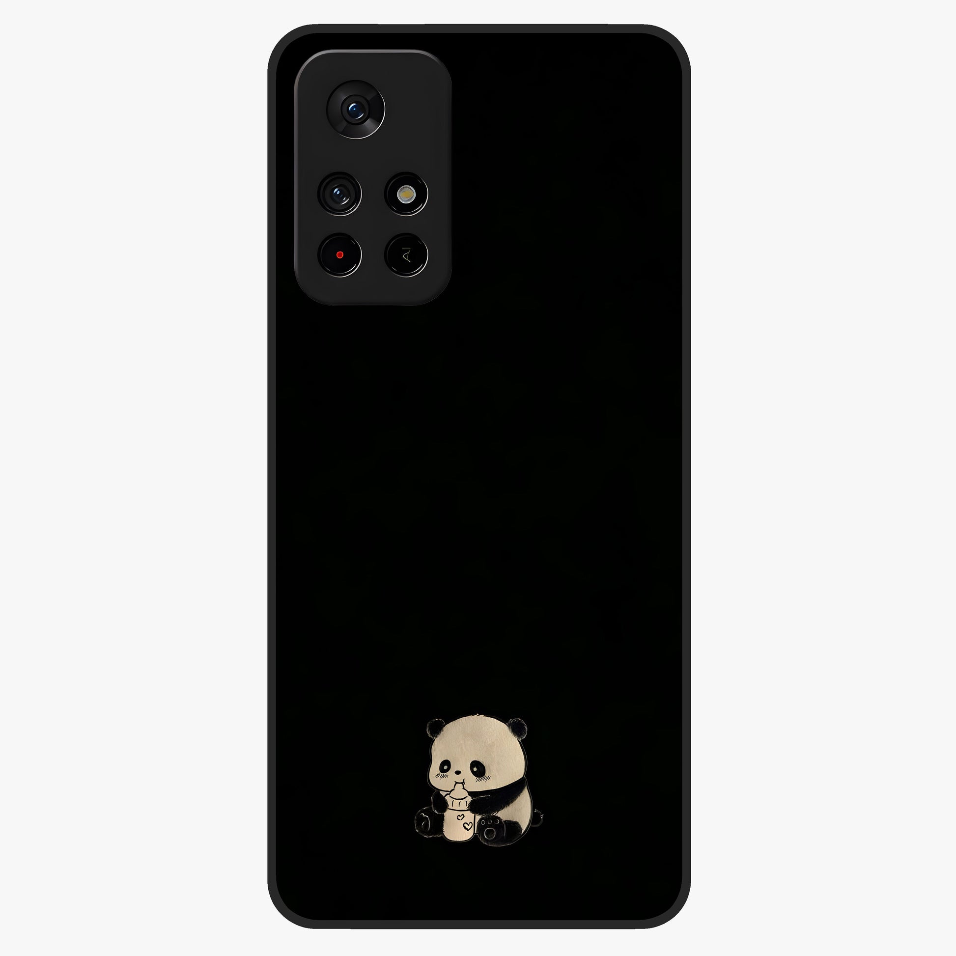 Midnight Panda Love Glass Case showing flat back view with cute panda themed artwork and glossy glass finish.