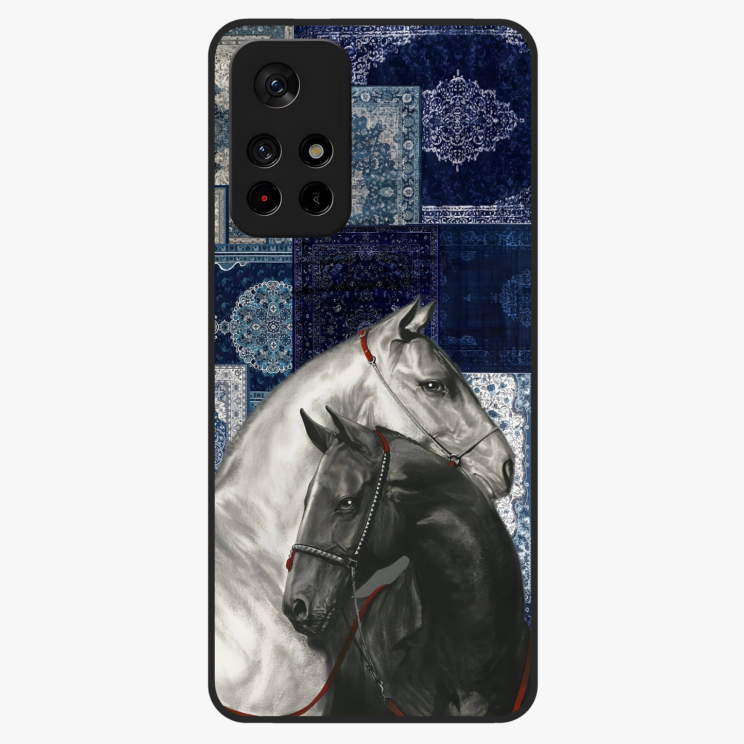 Midnight Stallion Blues Glass Case showing flat back view with majestic horse artwork and glossy glass finish.