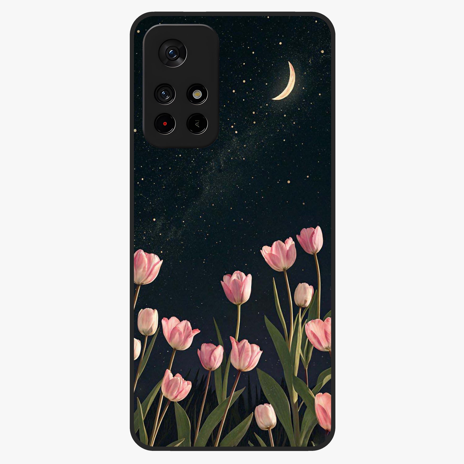 Midnight Tulip Whispers Vibe Glass Case upright view showcasing graceful tulip artwork with calm botanical theme.