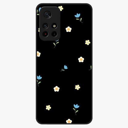 Minimalistic Blue With White Flower Pattern Glass Case showing flat back view with blue background and white flower pattern and glossy glass finish.