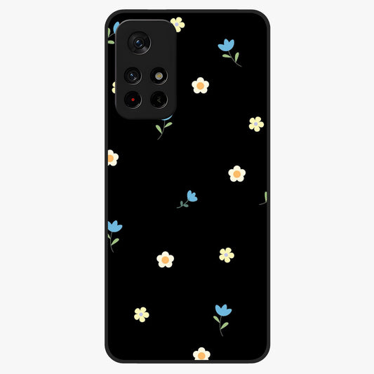 Minimalistic Blue With White Flower Pattern Glass Case showing flat back view with blue background and white flower pattern and glossy glass finish.
