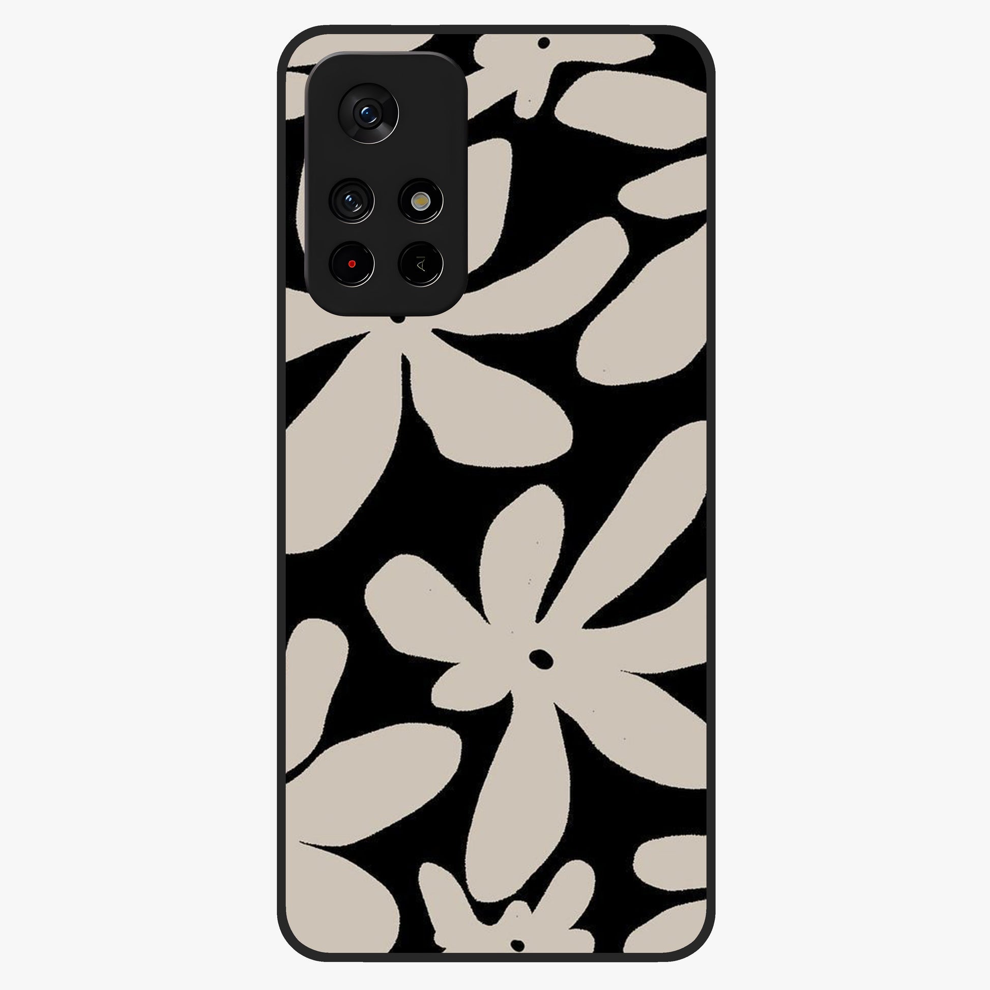 Monochrome Petal Dance Glass Case showing flat back view with monochrome floral artwork and glossy glass finish.