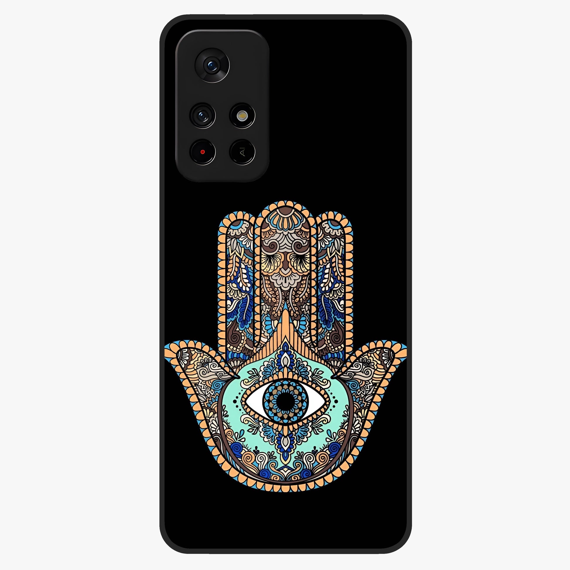 Mystic Hamsa Eye Glass Case upright view showcasing detailed hamsa eye artwork with protective spiritual theme.
