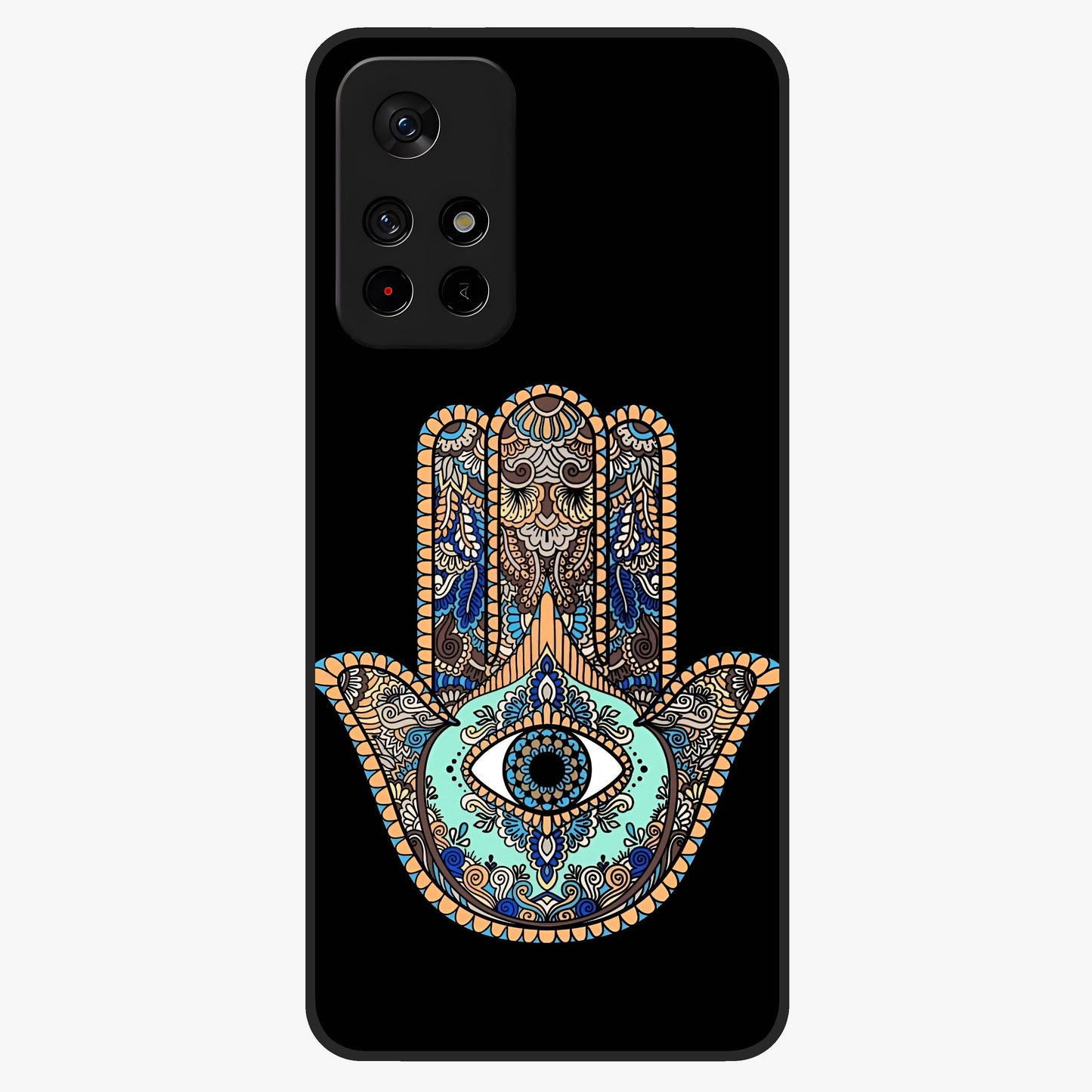 Mystic Hamsa Eye Glass Case showing flat back view with protective hamsa hand and evil eye artwork and glossy glass finish.