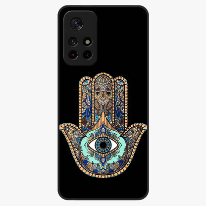 Mystic Hamsa Eye Glass Case showing flat back view with protective hamsa hand and evil eye artwork and glossy glass finish.