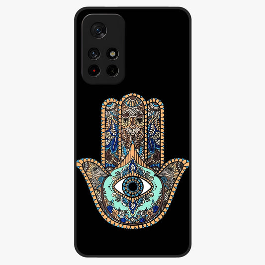 Mystic Hamsa Eye Glass Case showing flat back view with protective hamsa hand and evil eye artwork and glossy glass finish.