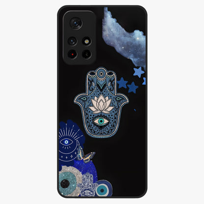 Mystic Hand Aura Glass Case upright view showcasing symbolic hand artwork with mystical energy theme.